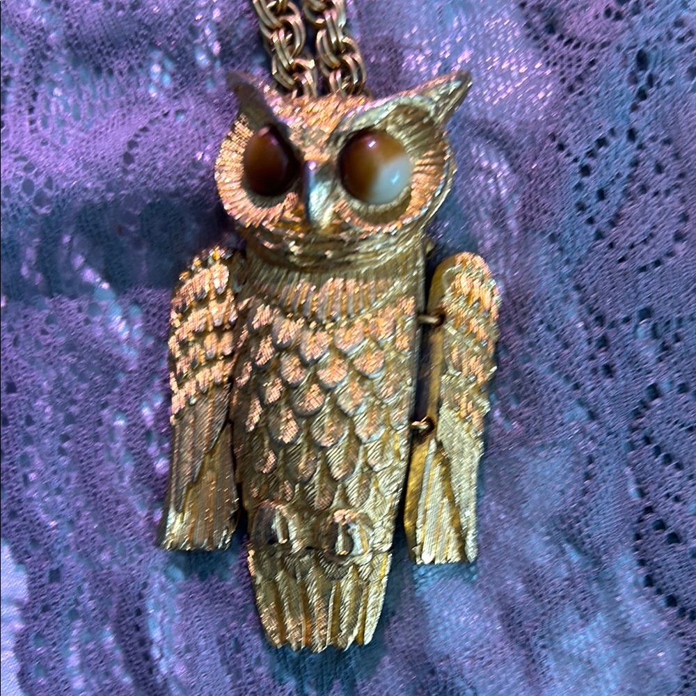 Gold Owl Necklace with Green Gemstone Eyes